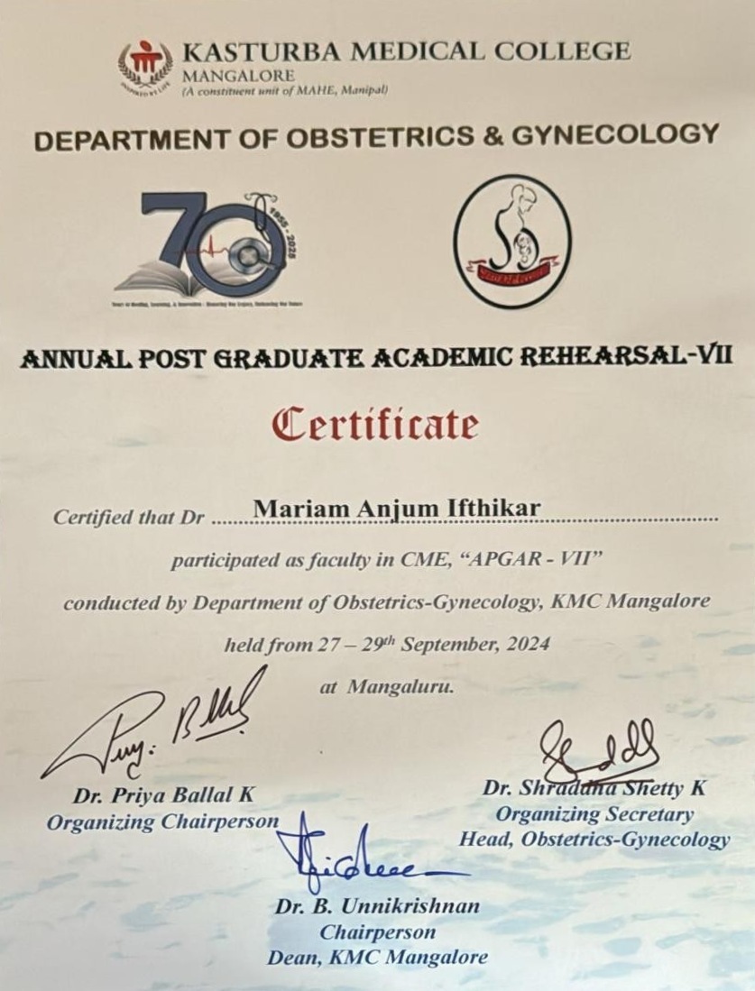 Dr. Mariam Anjum — APGAR-VII (2024) — Faculty Certificate